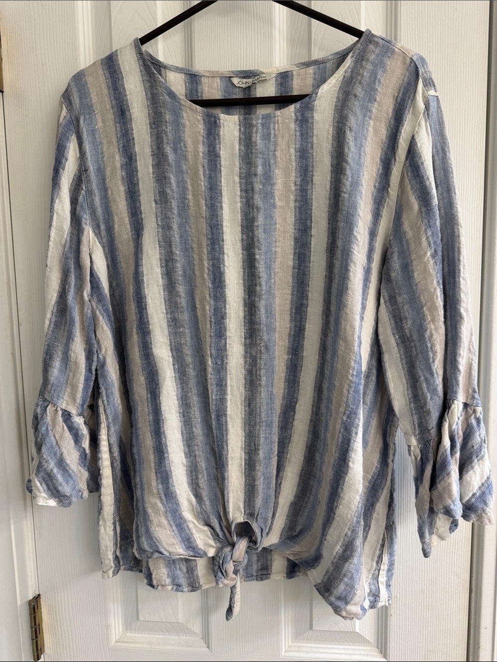 John Mark Blue, White & Beige Striped Tie-Front Tunic 100% Linen